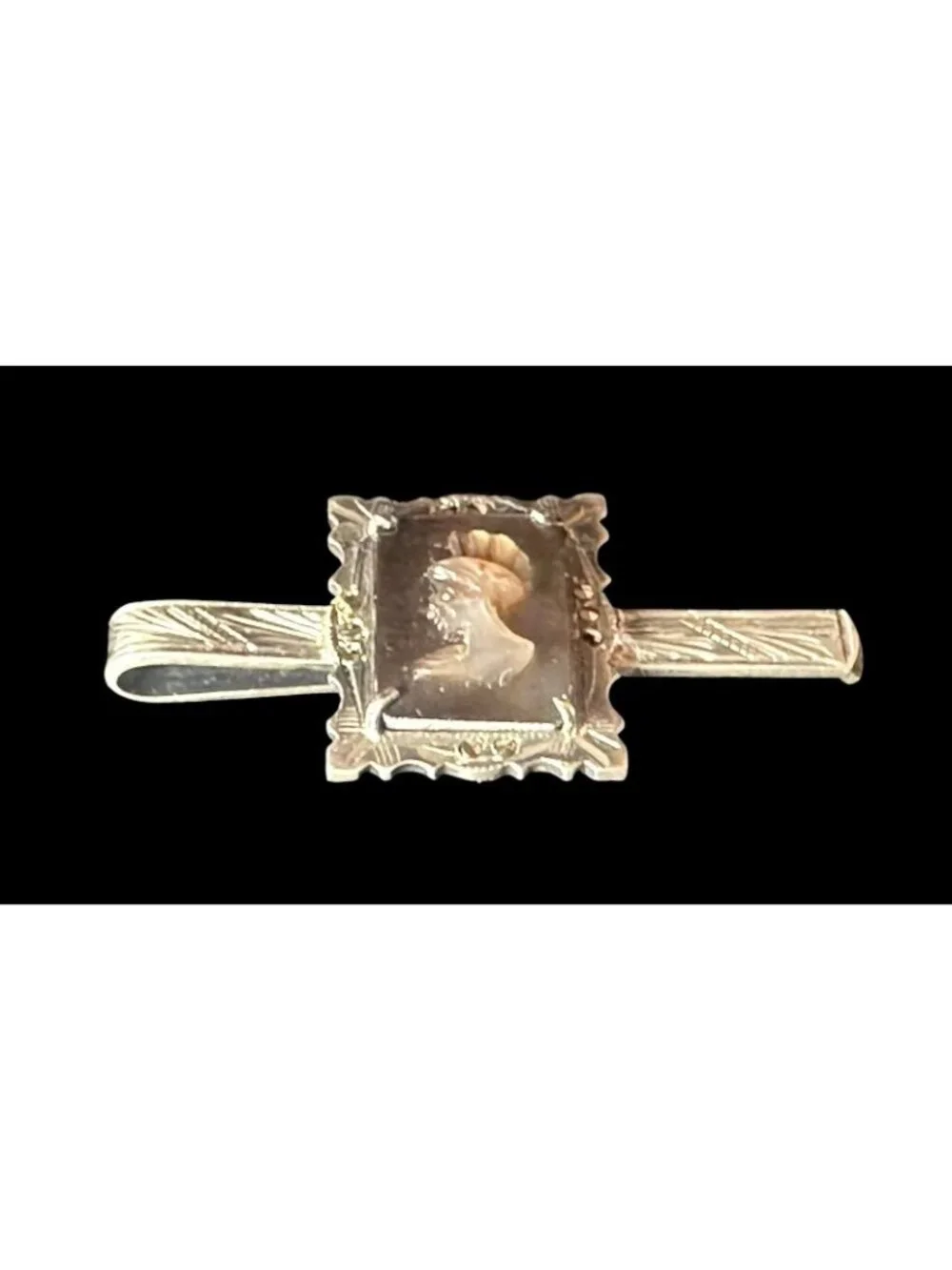 Vintage 800 Silver Carved MOP Mother of Pearl Cameo Trojan Soldier Tie Clip Bar